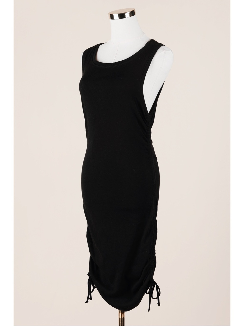 Sz 2 Good American Black Organic Cotton Ribbed Ruched Mini Tie Tank Dress NWT